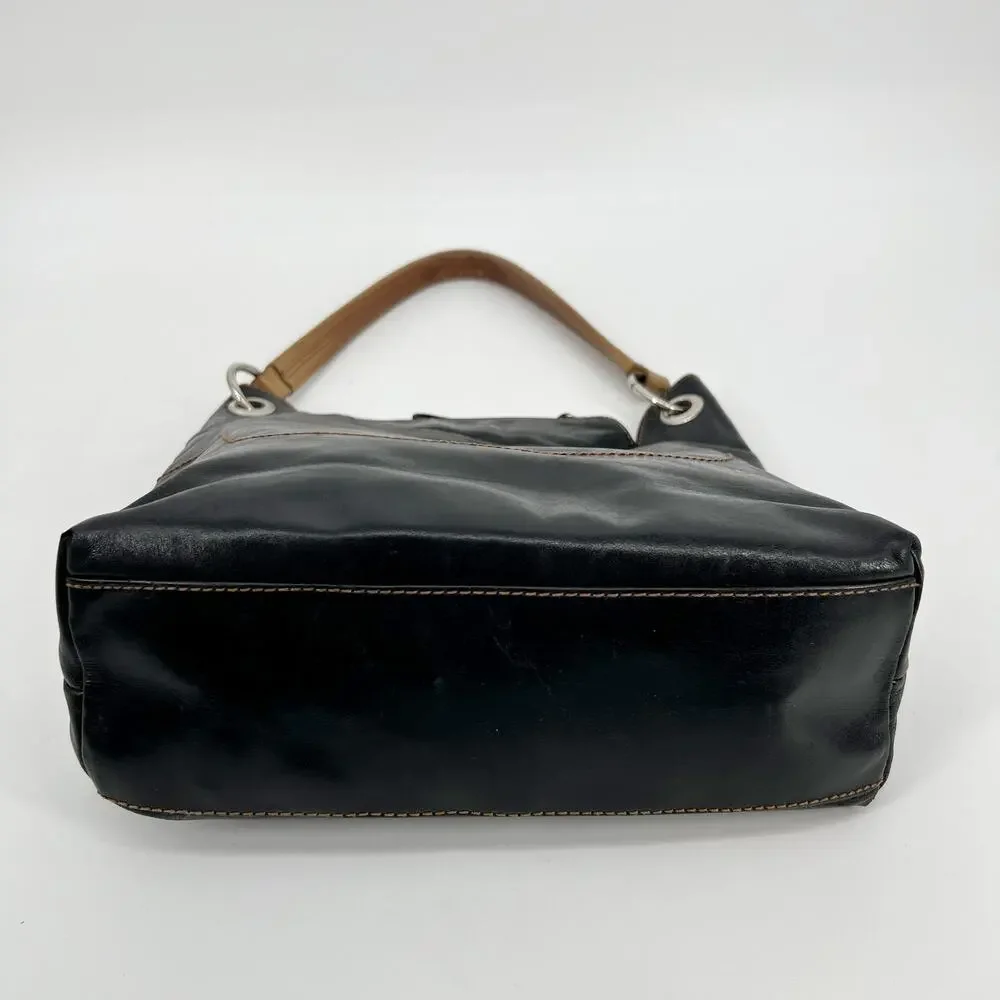 Coccinelle Hobo Shoulder Bag Black Leather Brown Strap Stitching Italian READ